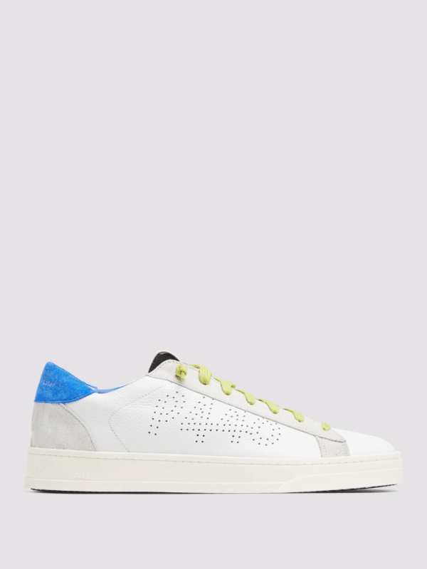 Descubre las sneakers P448 Jack Neon Blue, hechas a mano en Italia. Diseño urbano en piel blanca con detalles neón y confort excepcional.