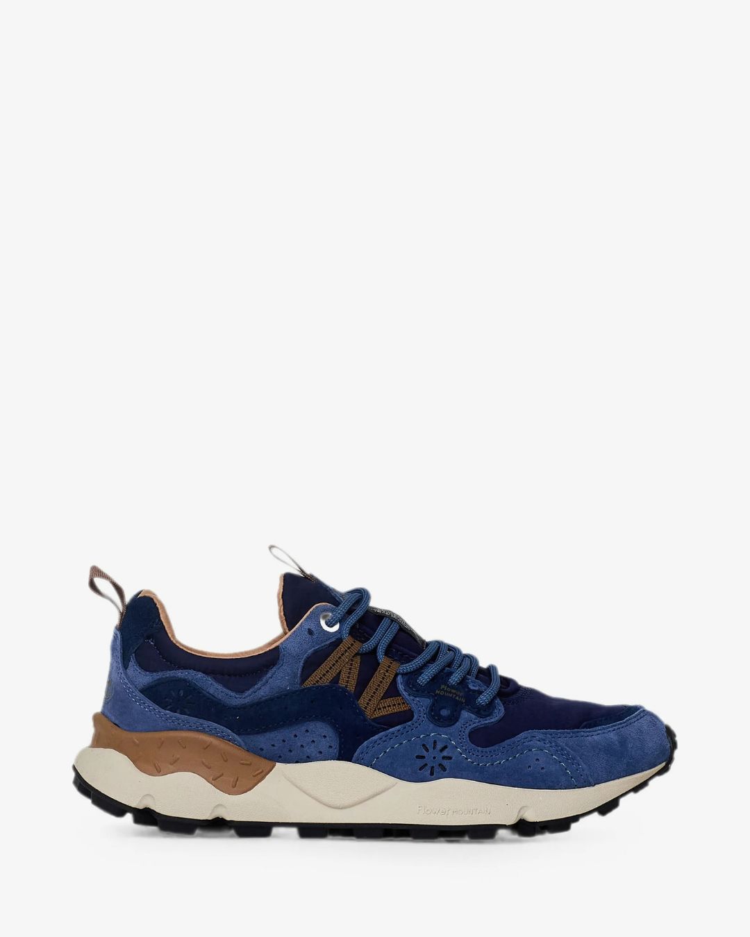 Sneaker Flower Mountain Yamano 3 hombre azul marino marrón, diseño japonés hecho a mano en Italia