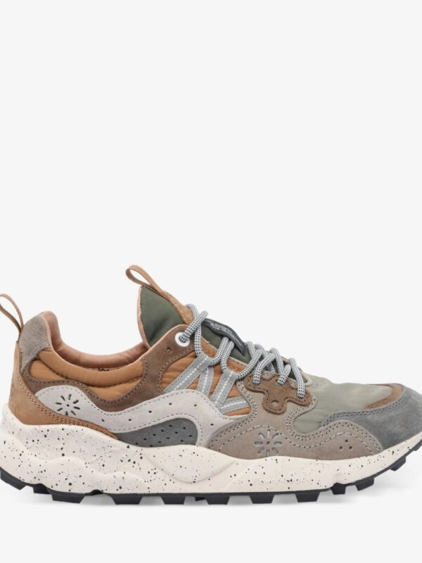 Sneaker Flower Mountain Yamano 3 hombre beige taupe verde kaki, diseño japonés hecho a mano en Italia